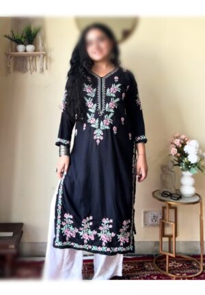 HAYAAT Rayon Chikankari Black Kurta