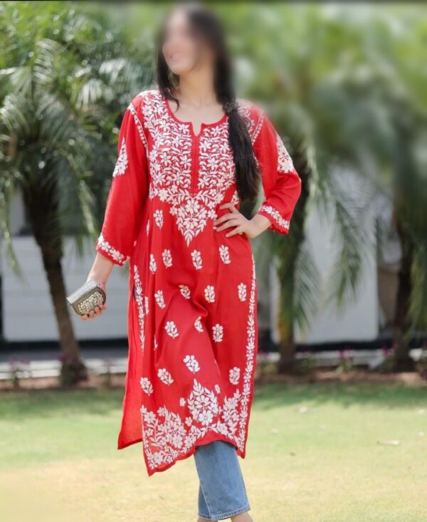 RED Chikankari Modal Kurta