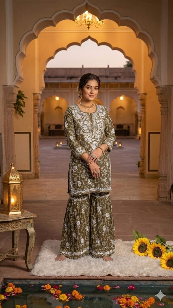 Mul Mul Printed Chikankari Gharara Set