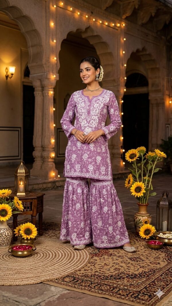 Mul Mul Printed Chikankari Gharara Set