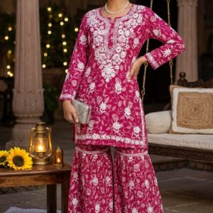 Mul Mul Printed Chikankari Gharara Set